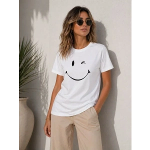 Minimal Gülümseyen Yüz Baskılı Tişört Kısa Kol Yazlık T-Shirt - Beyaz
