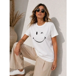 Minimal Gülümseyen Yüz Baskılı Tişört Kısa Kol Yazlık T-Shirt - Beyaz