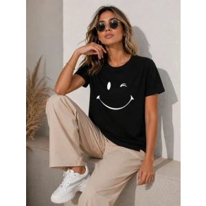 Minimal Gülümseyen Yüz Baskılı Tişört Kısa Kol Yazlık T-Shirt - Siyah