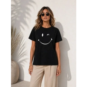 Minimal Gülümseyen Yüz Baskılı Tişört Kısa Kol Yazlık T-Shirt - Siyah