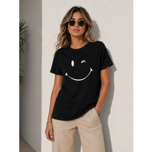 Minimal Gülümseyen Yüz Baskılı Tişört Kısa Kol Yazlık T-Shirt - Siyah