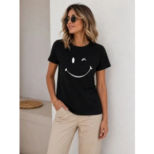 Minimal Gülümseyen Yüz Baskılı Tişört Kısa Kol Yazlık T-Shirt - Siyah
