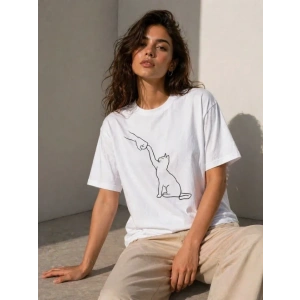 Minimal Kedi Çizim Baskılı Tişört Kısa Kol Yazlık T-Shirt - Beyaz