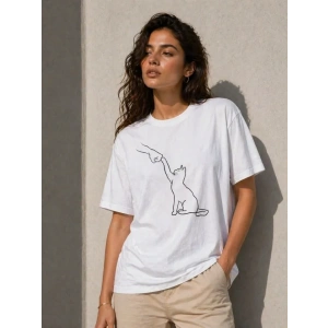 Minimal Kedi Çizim Baskılı Tişört Kısa Kol Yazlık T-Shirt - Beyaz