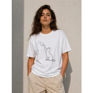 Minimal Kedi Çizim Baskılı Tişört Kısa Kol Yazlık T-Shirt - Beyaz