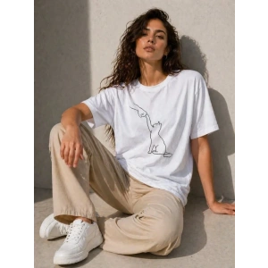 Minimal Kedi Çizim Baskılı Tişört Kısa Kol Yazlık T-Shirt - Beyaz