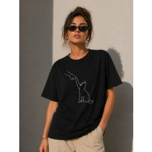 Minimal Kedi Çizim Baskılı Tişört Kısa Kol Yazlık T-Shirt - Siyah