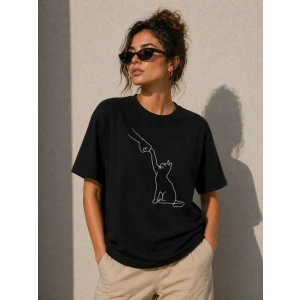 Minimal Kedi Çizim Baskılı Tişört Kısa Kol Yazlık T-Shirt - Siyah