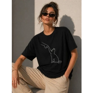 Minimal Kedi Çizim Baskılı Tişört Kısa Kol Yazlık T-Shirt - Siyah