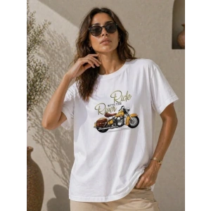 Motosiklet Baskılı Tişört Bisiklet Yaka Kısa Kol Yazlık T-Shirt - Beyaz
