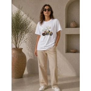 Motosiklet Baskılı Tişört Bisiklet Yaka Kısa Kol Yazlık T-Shirt - Beyaz