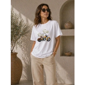 Motosiklet Baskılı Tişört Bisiklet Yaka Kısa Kol Yazlık T-Shirt - Beyaz