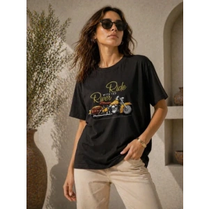 Motosiklet Baskılı Tişört Bisiklet Yaka Kısa Kol Yazlık T-Shirt - Siyah