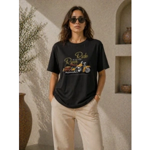 Motosiklet Baskılı Tişört Bisiklet Yaka Kısa Kol Yazlık T-Shirt - Siyah