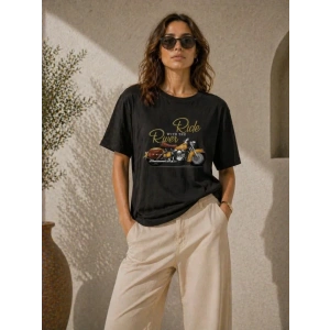 Motosiklet Baskılı Tişört Bisiklet Yaka Kısa Kol Yazlık T-Shirt - Siyah