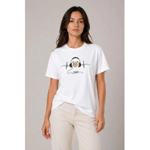 Müzik Temalı Baskılı Tişört Bisiklet Yaka Kısa Kol T-Shirt - Beyaz