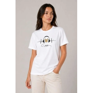 Müzik Temalı Baskılı Tişört Bisiklet Yaka Kısa Kol T-Shirt - Beyaz