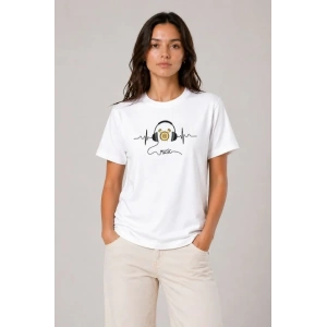 Müzik Temalı Baskılı Tişört Bisiklet Yaka Kısa Kol T-Shirt - Beyaz