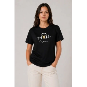 Müzik Temalı Baskılı Tişört Bisiklet Yaka Kısa Kol T-Shirt - Siyah