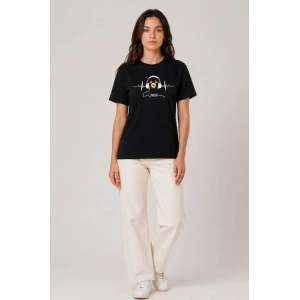 Müzik Temalı Baskılı Tişört Bisiklet Yaka Kısa Kol T-Shirt - Siyah