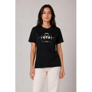 Müzik Temalı Baskılı Tişört Bisiklet Yaka Kısa Kol T-Shirt - Siyah