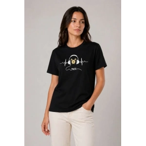 Müzik Temalı Baskılı Tişört Bisiklet Yaka Kısa Kol T-Shirt - Siyah