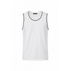 Ön Unisex Pamuklu Bisiklet Yaka Kolsuz Atlet Kontrast Biyeli Regular Fit - Beyaz