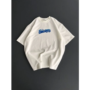 Ön Ve Arka Baskılı Oversize Bisiklet Yaka T-shirt- Beyaz