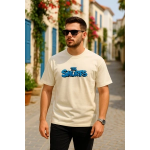 Ön Ve Arka Baskılı Oversize Bisiklet Yaka T-shirt- Beyaz