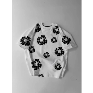 Ön Ve Arka Baskılı Oversize Bisiklet Yaka T-shirt- Beyaz