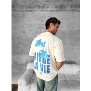 Ön Ve Arka Baskılı Oversize Bisiklet Yaka T-shirt- Beyaz