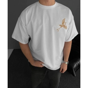 Ön Ve Arka Baskılı Oversize Bisiklet Yaka T-shirt - Beyaz