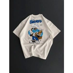 Ön Ve Arka Baskılı Oversize Bisiklet Yaka T-shirt- Beyaz