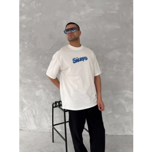 Ön Ve Arka Baskılı Oversize Bisiklet Yaka T-shirt- Beyaz