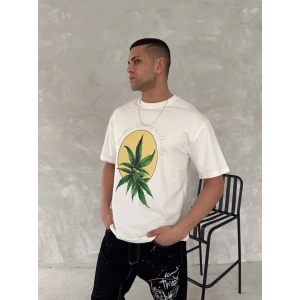 Ön Ve Arka Baskılı Oversize Bisiklet Yaka T-shirt- Beyaz
