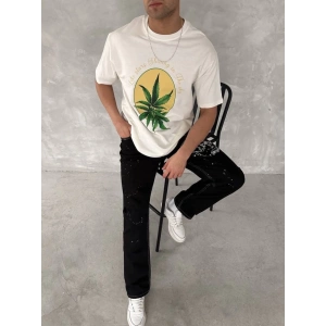 Ön Ve Arka Baskılı Oversize Bisiklet Yaka T-shirt- Beyaz