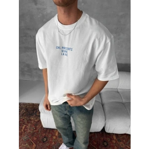 Ön Ve Arka Baskılı Oversize Bisiklet Yaka T-shirt- Beyaz