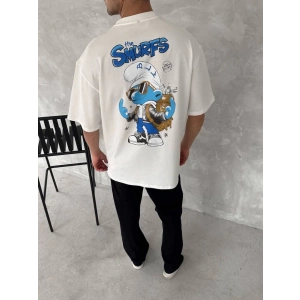 Ön Ve Arka Baskılı Oversize Bisiklet Yaka T-shirt- Beyaz