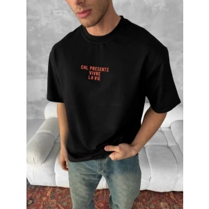 Ön Ve Arka Baskılı Oversize Bisiklet Yaka T-shirt- Siyah