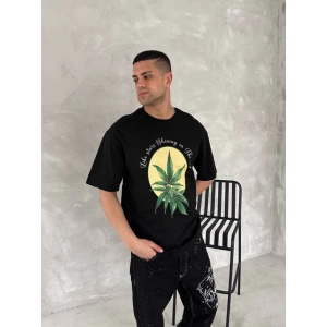 Ön Ve Arka Baskılı Oversize Bisiklet Yaka T-shirt- Siyah