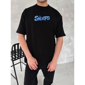 Ön Ve Arka Baskılı Oversize Bisiklet Yaka T-shirt- Siyah