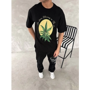 Ön Ve Arka Baskılı Oversize Bisiklet Yaka T-shirt- Siyah