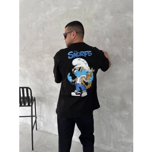 Ön Ve Arka Baskılı Oversize Bisiklet Yaka T-shirt- Siyah