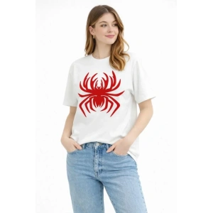 Örümcek Baskılı Tişört Kısa Kollu Bisiklet Yaka T-Shirt - Beyaz