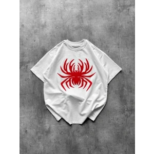 Örümcek Baskılı Tişört Kısa Kollu Bisiklet Yaka T-Shirt - Beyaz