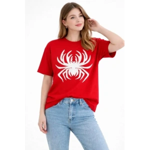 Örümcek Baskılı Tişört Kısa Kollu Bisiklet Yaka T-Shirt - Kırmızı
