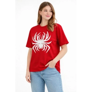 Örümcek Baskılı Tişört Kısa Kollu Bisiklet Yaka T-Shirt - Kırmızı