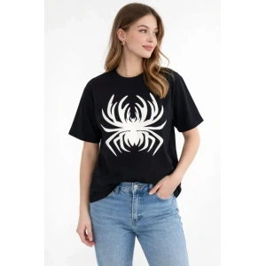 Örümcek Baskılı Tişört Kısa Kollu Bisiklet Yaka T-Shirt - Siyah