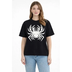 Örümcek Baskılı Tişört Kısa Kollu Bisiklet Yaka T-Shirt - Siyah