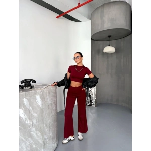 Osy Modal Yumuşak Dokulu Kumaş Kısa Kollu Crop Alt Ispanyol Paça Pantalon Ikili Takım - Bordo